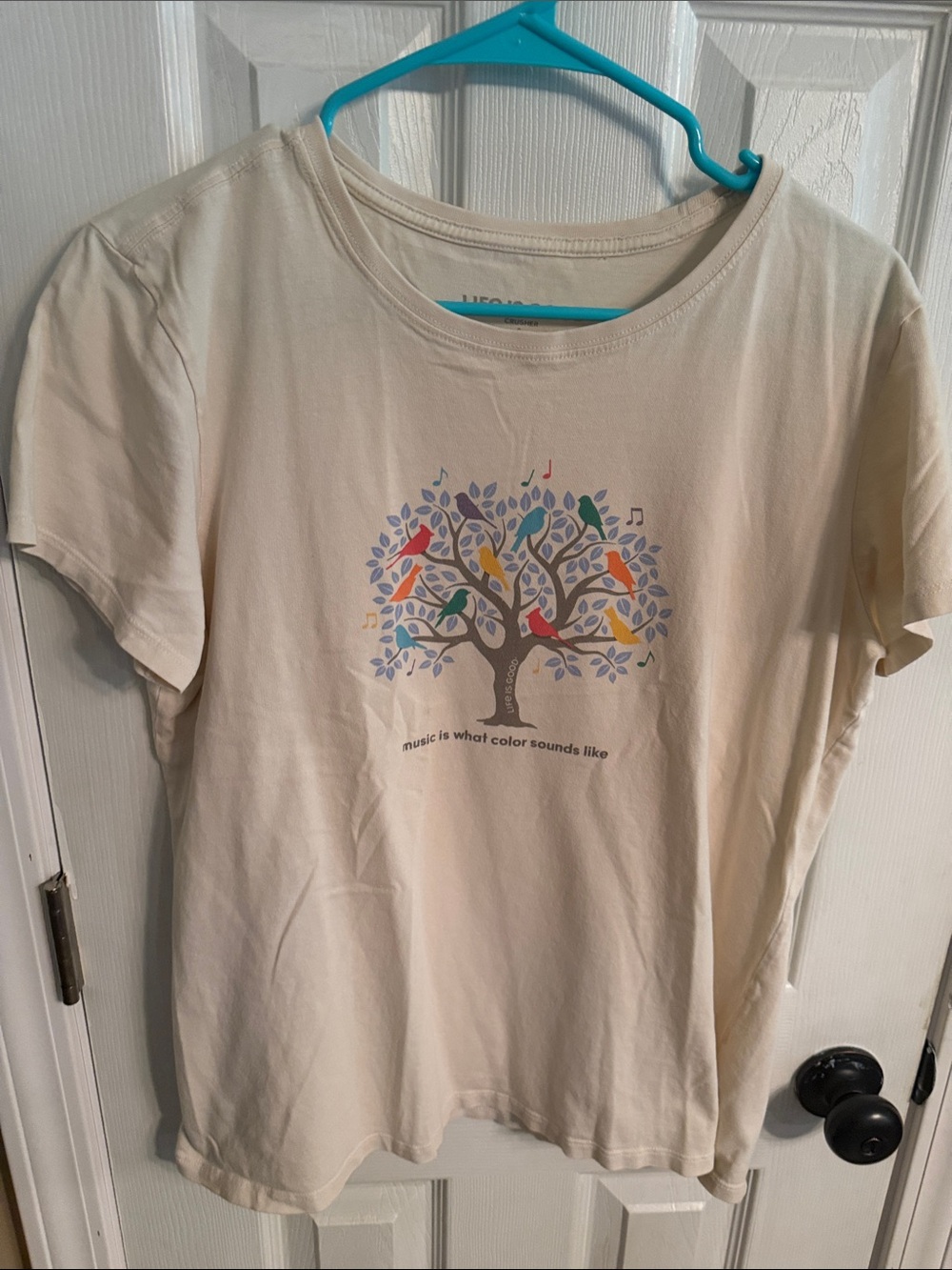 Life Is Good Cream Tee with Singing Bird in Tree Graphic, size L